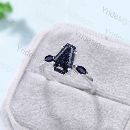 Minimalist Coffin Shaped Blue Sandstone Ring Dainty Marquise Galaxy Star Shield Three Stone Goldstone Wedding Ring Proposal Gifts for Women - PENFINE