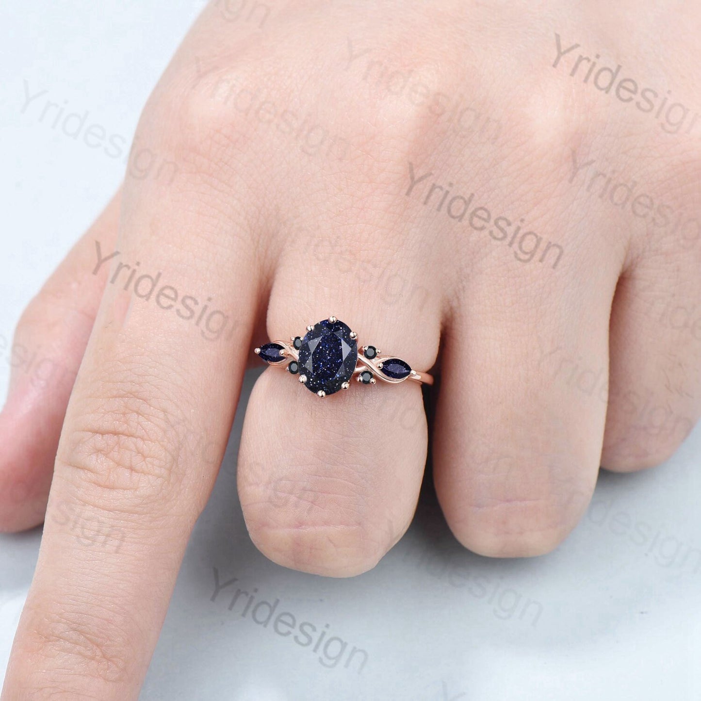 Vintage blue sandstone engagement ring rose gold twisted unique 1.5CT black crystal oval wedding ring art deco anniversary ring for women - PENFINE