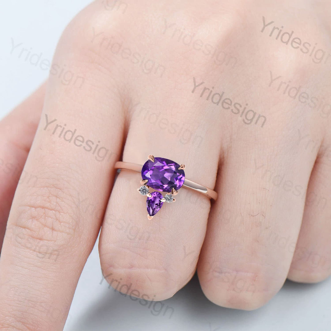 1.5CT Natural Amethyst Engagement Ring East To West Purple Crystal Wedding Ring Pear February Birthstone Anniversary ring Minimalist Ring - PENFINE