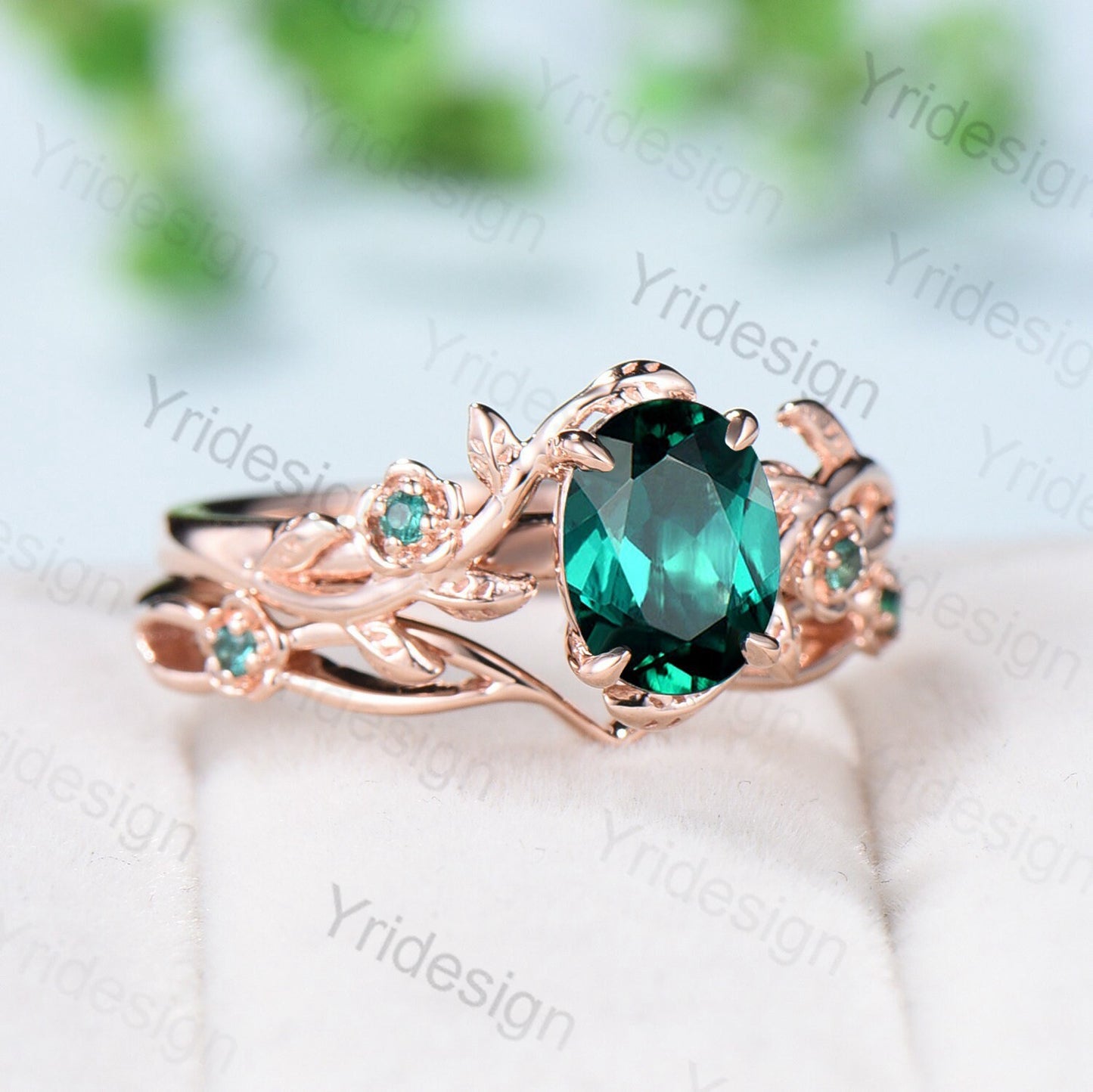 Floral flower emerald Ring Nature Inspired emerald wedding ring set vintage unique twig leaf engagement ring Art deco Branch bridal ring set - PENFINE