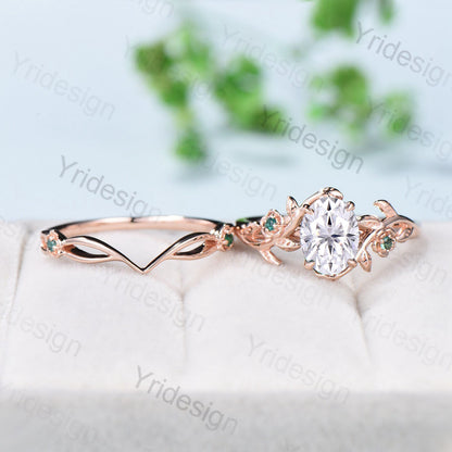 Vintage Floral moissanite emerald wedding ring set Nature Inspired flower engagement ring set unique twig leaf branch bridal ring set women - PENFINE