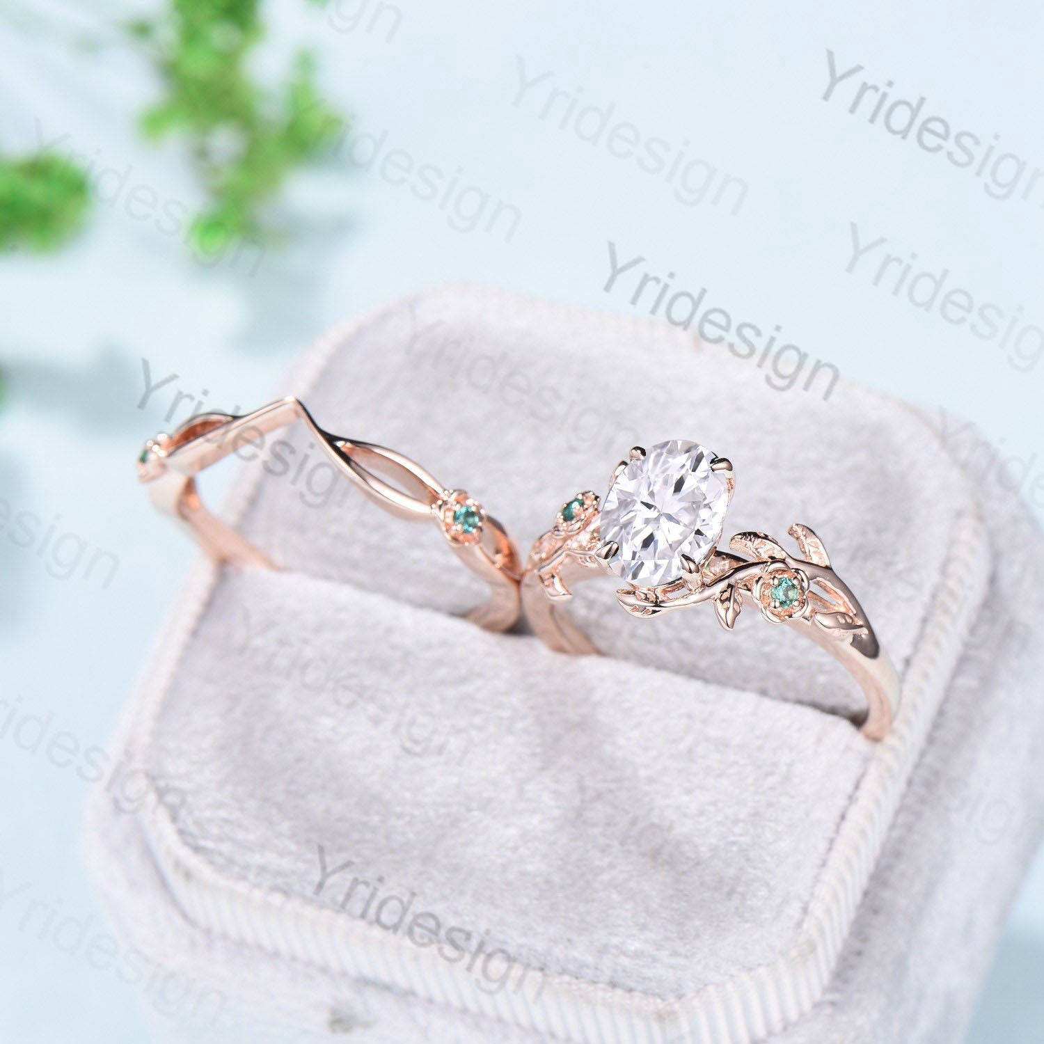 Vintage Floral moissanite emerald wedding ring set Nature Inspired flower engagement ring set unique twig leaf branch bridal ring set women - PENFINE