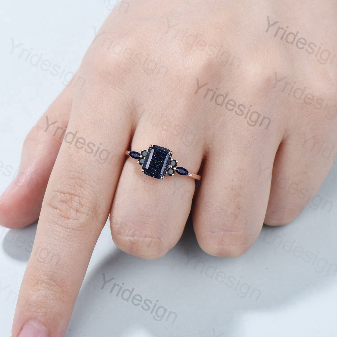 2ct Emerald Cut Blue Sandstone Cluster Engagement Rings Galaxy Starry Sky Ring Black Gemstone Ring Unique Handmade Proposal Gifts for Women - PENFINE