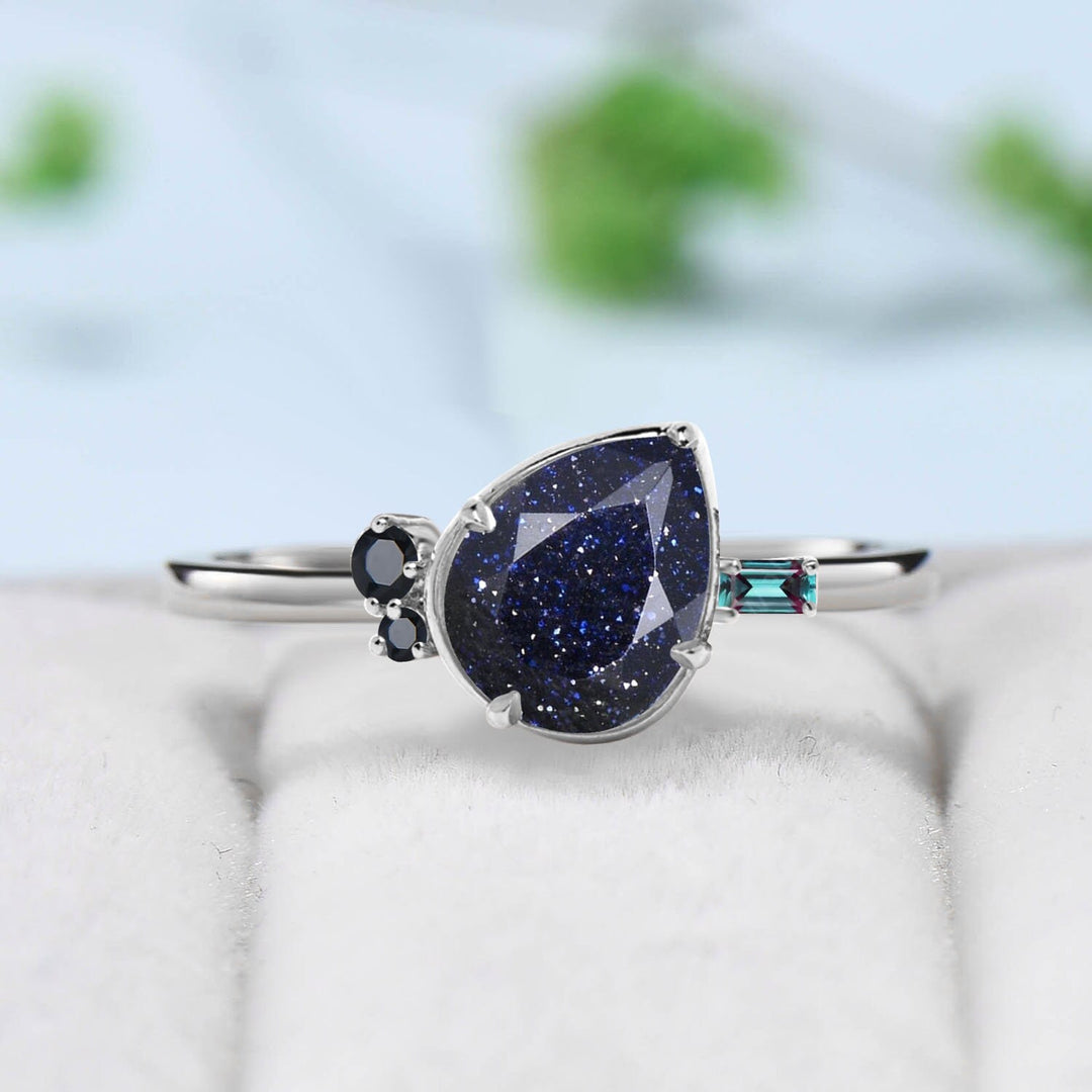 Unique Pear shaped blue sandstone ring bezel set galaxy goldstone engagement ring cluster alexandrite wedding ring handmade proposal gifts - PENFINE