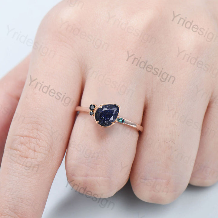 Unique Pear shaped blue sandstone ring bezel set galaxy goldstone engagement ring cluster alexandrite wedding ring handmade proposal gifts - PENFINE