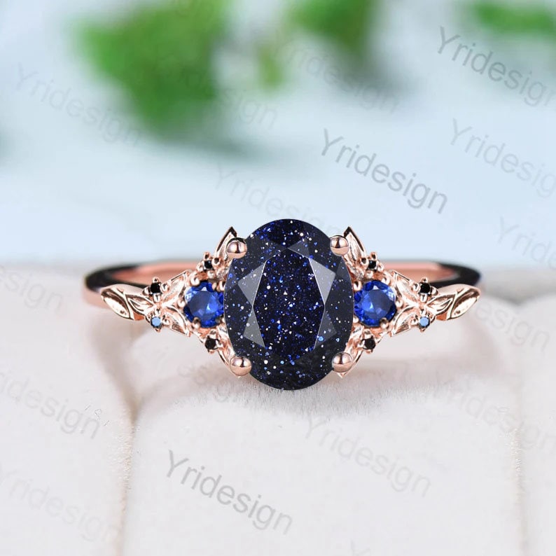 Nature Inspired blue sandstone ring unique oval cut galaxy goldstone engagement ring set floral leaves sapphire black stone wedding set - PENFINE