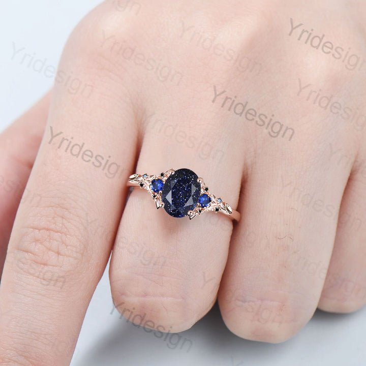 Nature Inspired blue sandstone ring unique oval cut galaxy goldstone engagement ring set floral leaves sapphire black stone wedding set - PENFINE