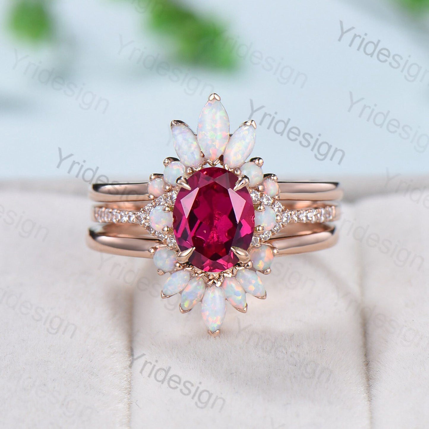 Vintage ruby opal engagement ring set 3 stone ruby moissanite wedding set Art deco opal stacking bridal set ring July Birthstone ring women - PENFINE