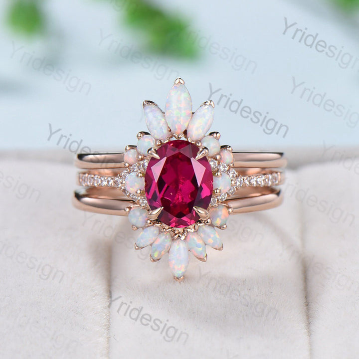 Vintage ruby opal engagement ring set 3 stone ruby moissanite wedding set Art deco opal stacking bridal set ring July Birthstone ring women - PENFINE