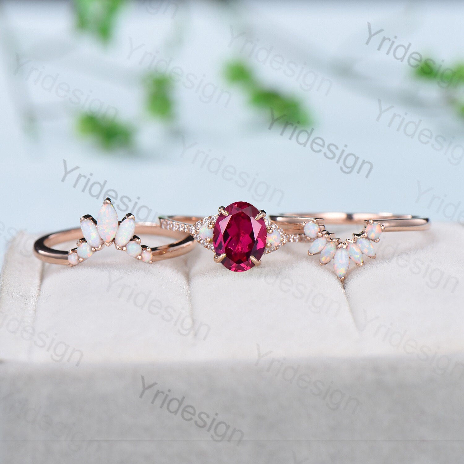 Vintage ruby opal engagement ring set 3 stone ruby moissanite wedding set Art deco opal stacking bridal set ring July Birthstone ring women - PENFINE