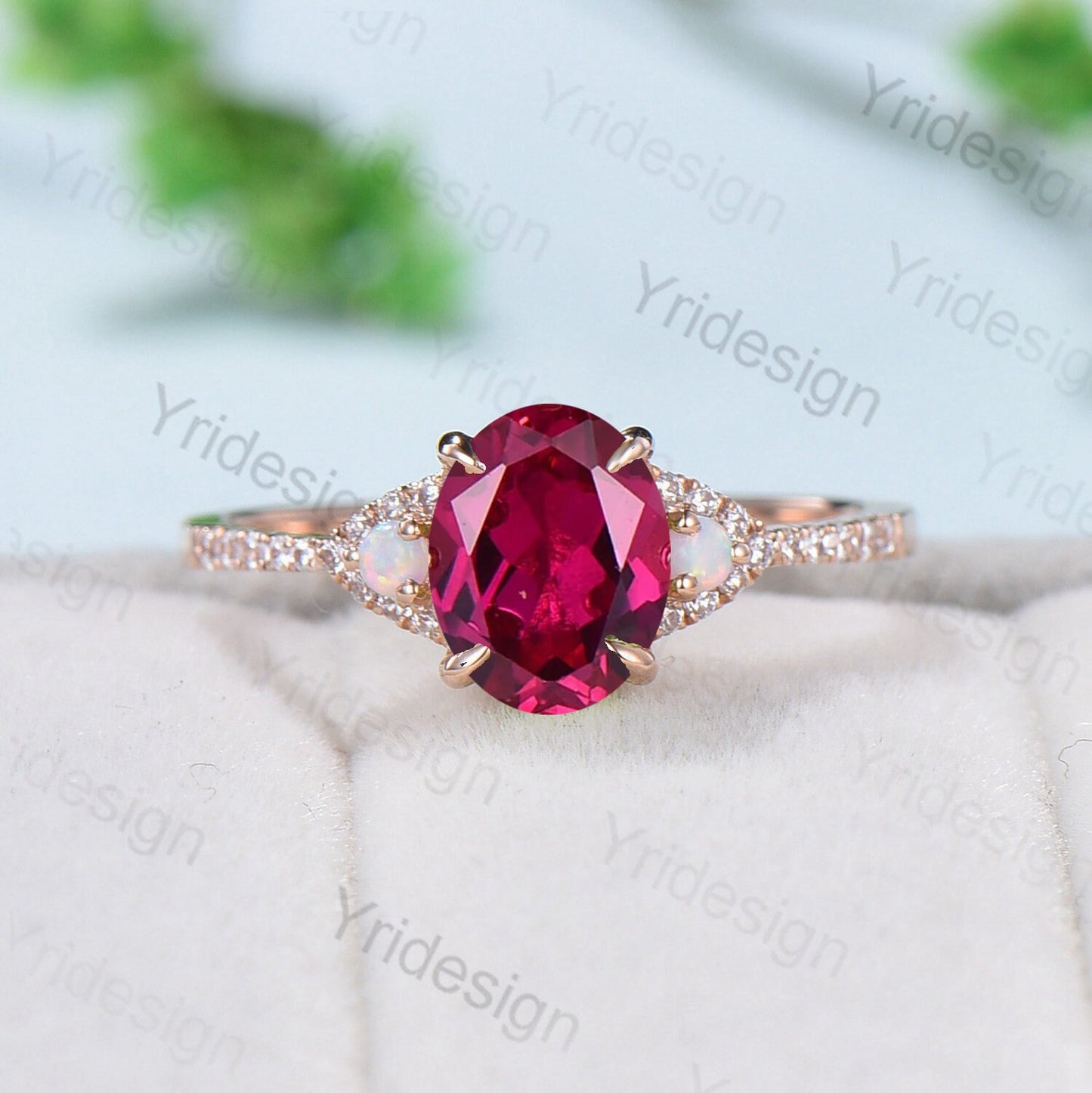 Vintage ruby opal engagement ring set 3 stone ruby moissanite wedding set Art deco opal stacking bridal set ring July Birthstone ring women - PENFINE