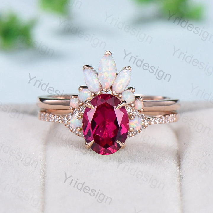 Vintage ruby opal engagement ring set 3 stone ruby moissanite wedding set Art deco opal stacking bridal set ring July Birthstone ring women - PENFINE