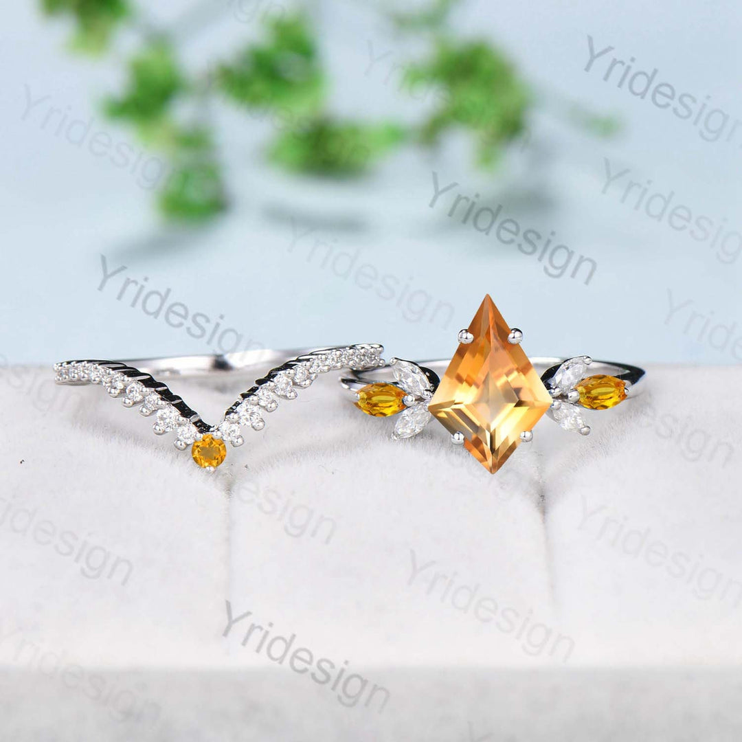 Vintage kite cut citrine engagement ring set rose gold Unique 7 stone marquise citrine wedding ring set for women moissanite bridal ring set - PENFINE