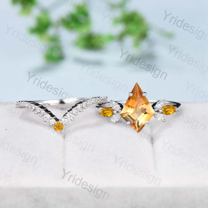 Vintage kite cut citrine engagement ring set rose gold Unique 7 stone marquise citrine wedding ring set for women moissanite bridal ring set - PENFINE