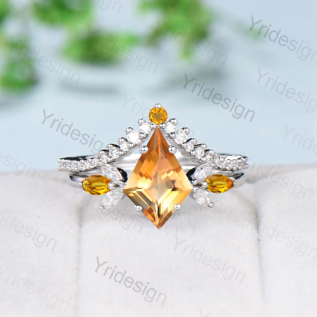 Vintage kite cut citrine engagement ring set rose gold Unique 7 stone marquise citrine wedding ring set for women moissanite bridal ring set - PENFINE