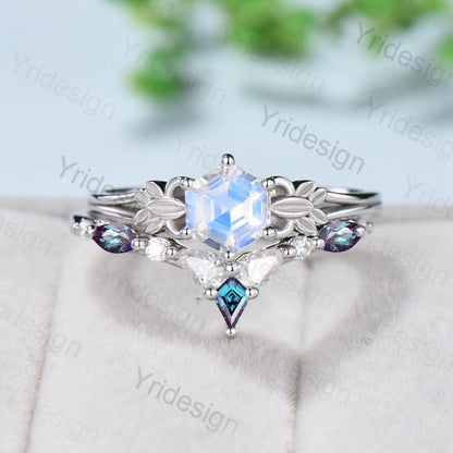 Nature Inspired Moonstone Ring Rainbow Blue Moonstone Engagement Ring Split Shank Art Deco Leaf Alexandrite Moissanite Wedding Set For Women - PENFINE