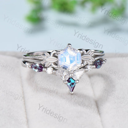 Nature Inspired Moonstone Ring Rainbow Blue Moonstone Engagement Ring Split Shank Art Deco Leaf Alexandrite Moissanite Wedding Set For Women - PENFINE