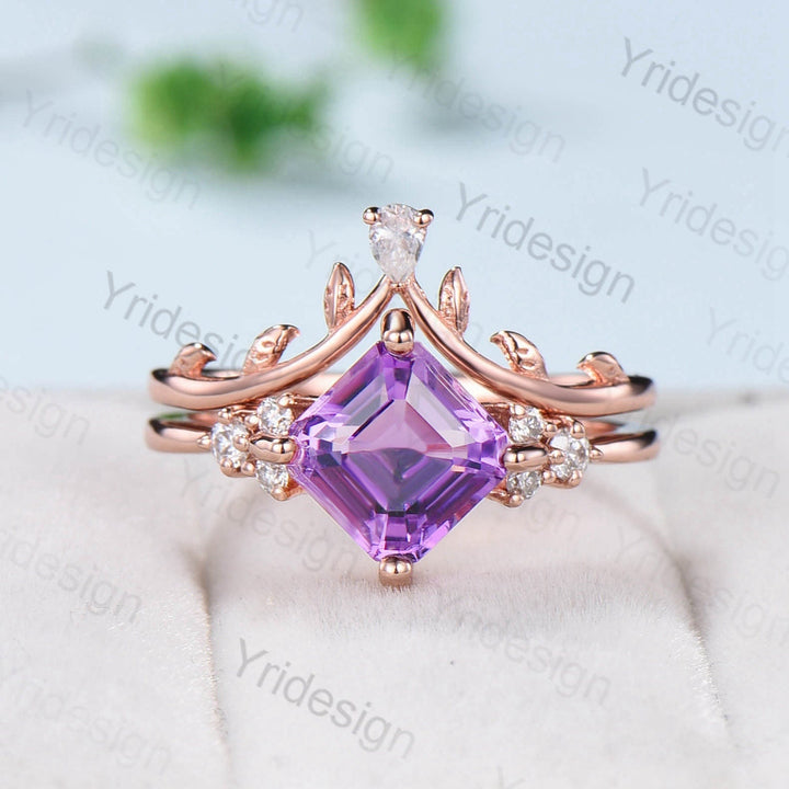 7mm Asscher Cut Amethyst Wedding Ring Set Cluster Moissanite Purple Crystal Engagement Ring Leaf Branch Nature Inspired Bridal Set For Women - PENFINE