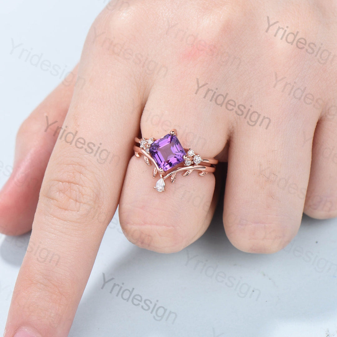 7mm Asscher Cut Amethyst Wedding Ring Set Cluster Moissanite Purple Crystal Engagement Ring Leaf Branch Nature Inspired Bridal Set For Women - PENFINE