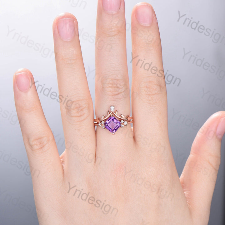 7mm Asscher Cut Amethyst Wedding Ring Set Cluster Moissanite Purple Crystal Engagement Ring Leaf Branch Nature Inspired Bridal Set For Women - PENFINE