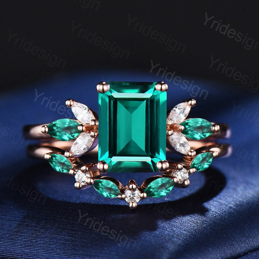Vintage Emerald Cut Emerald Engagement Ring Set Unique Cluster Marquise Wedding Ring Set Art Deco Green Crystal Moissanite Bridal Ring Set - PENFINE