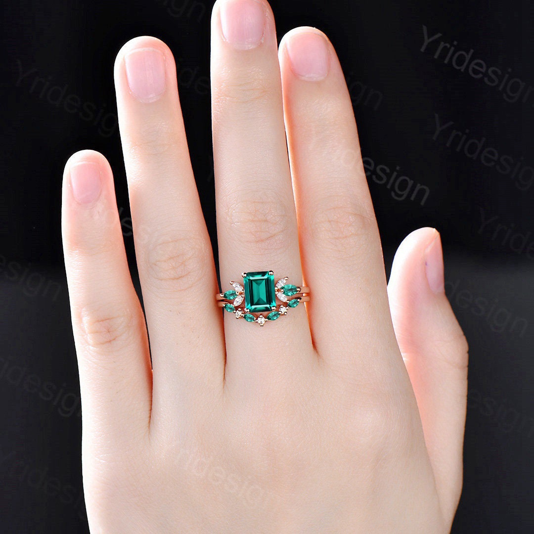 Vintage Emerald Engagement Ring White Gold Ring,Natural Emerald Ring,14K Vintage  Ring
