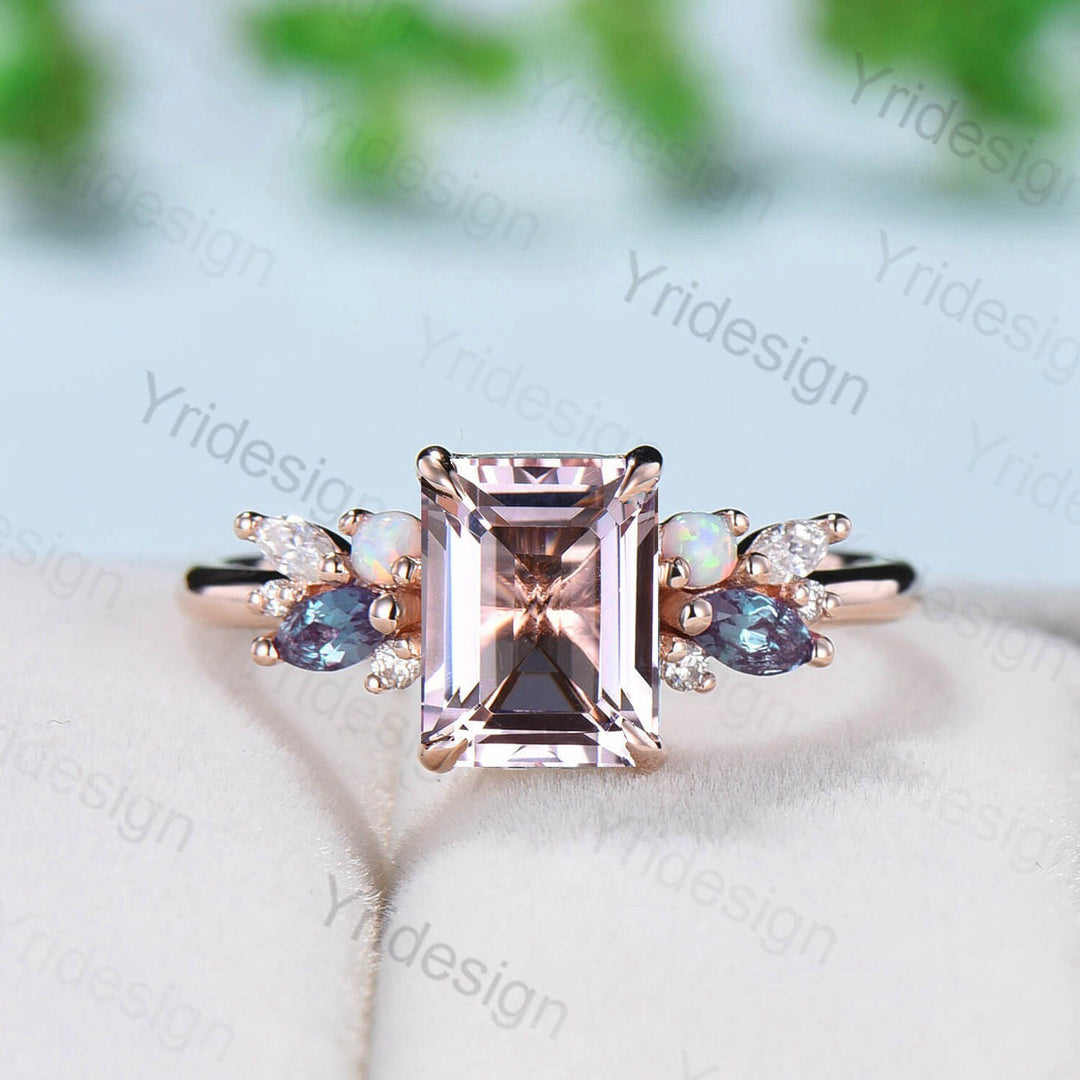 Unique Emerald Cut Morganite Engagement Ring Rose Gold Cluster Alexandrite Opal Wedding Ring For Women Vintage Handmade Proposal Gifts Women - PENFINE