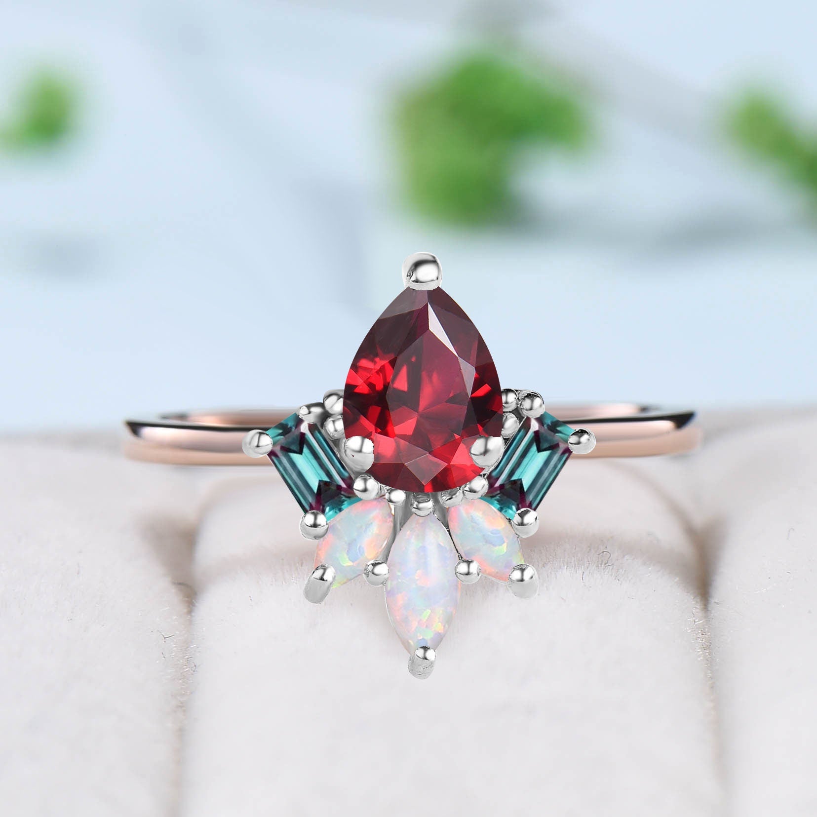 Vintage Pear Shaped Red Ruby Engagement Ring Solid 14k Rose Gold Lab Ruby Cluster Baguette Alexandrite Marquise Opal Wedding Ring For Women - PENFINE