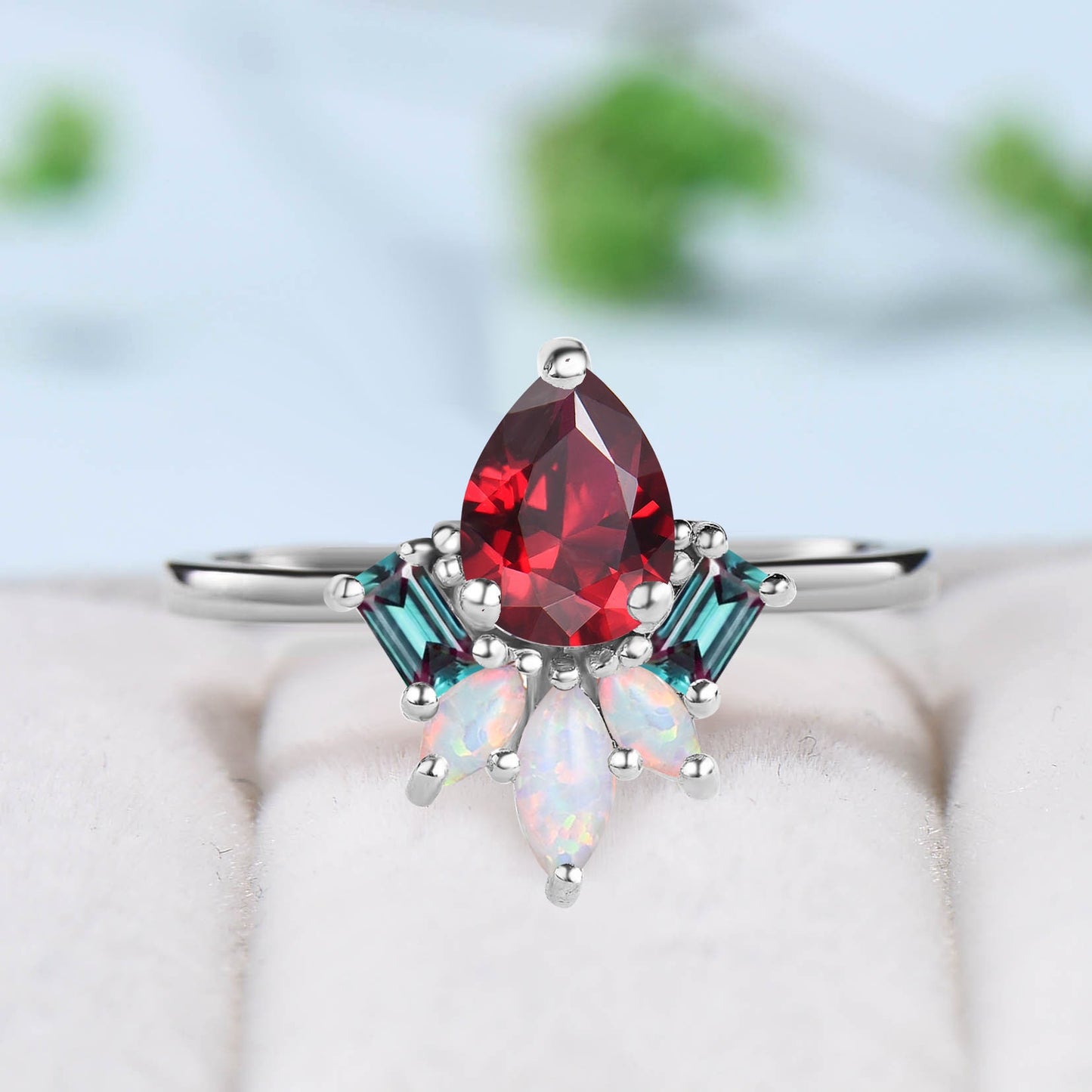 Vintage Pear Shaped Red Ruby Engagement Ring Solid 14k Rose Gold Lab Ruby Cluster Baguette Alexandrite Marquise Opal Wedding Ring For Women - PENFINE