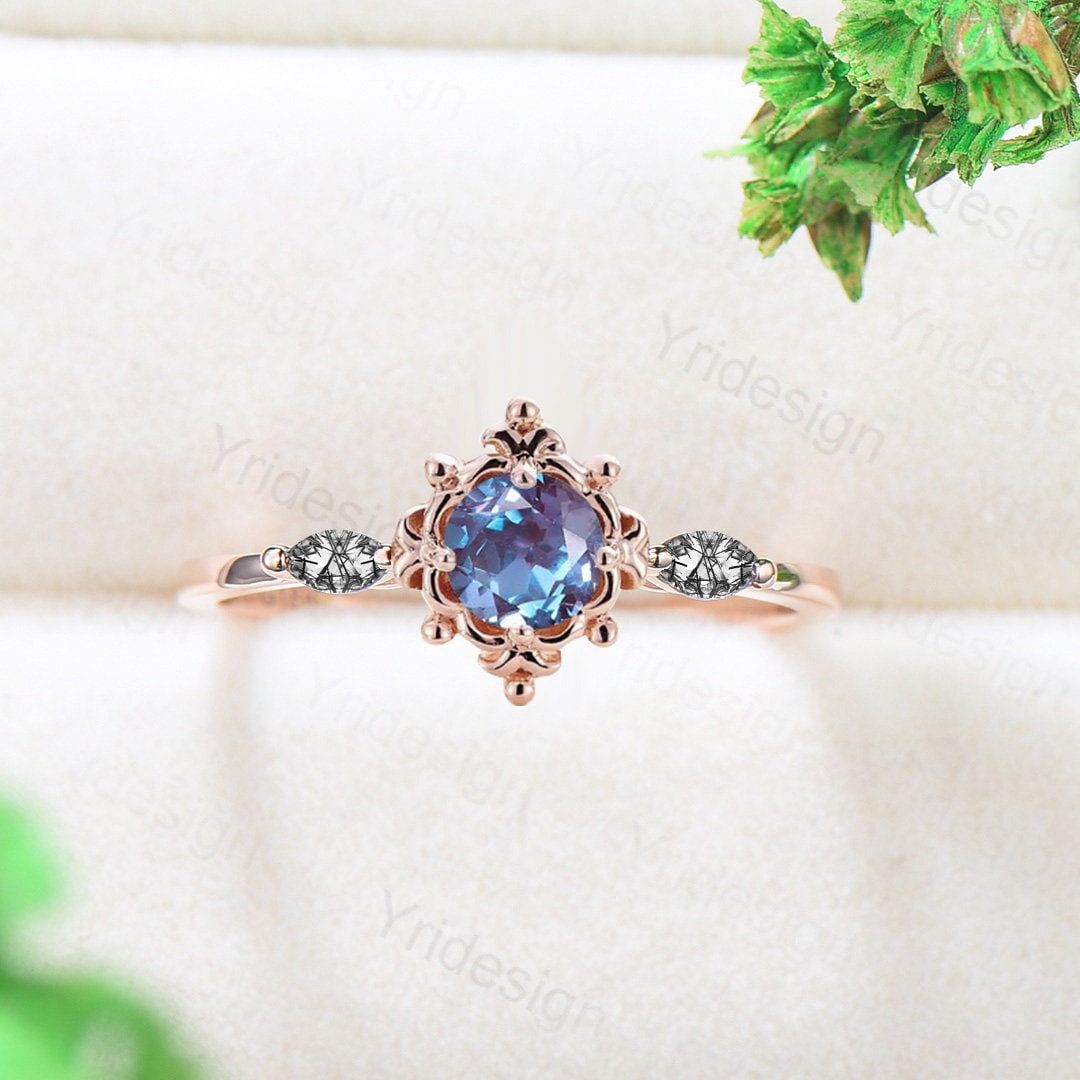 Floral Alexandrite Engagement Ring Nature Inspired Vintage Color Change 3 Stone Cluster Black Rutilated Quartz Wedding Ring Anniversary gift - PENFINE
