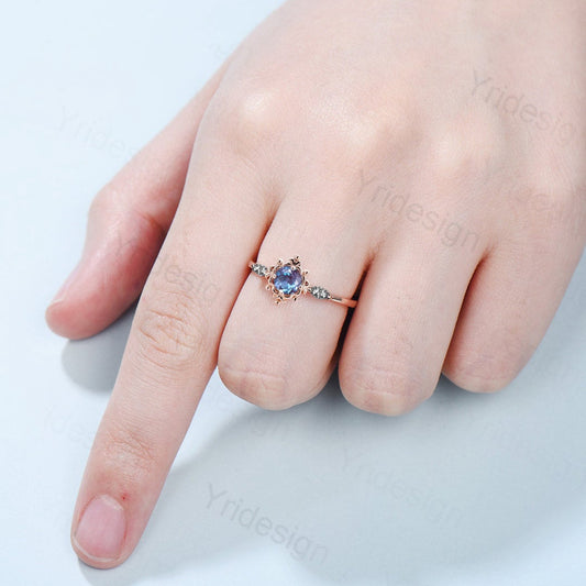 Floral Alexandrite Engagement Ring Nature Inspired Vintage Color Change 3 Stone Cluster Black Rutilated Quartz Wedding Ring Anniversary gift - PENFINE