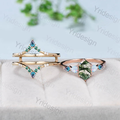 5X9mm long hexagon moss agate engagement ring set vintage triangle fire opal kite alexandrite wedding ring set double curved v emerald band - PENFINE