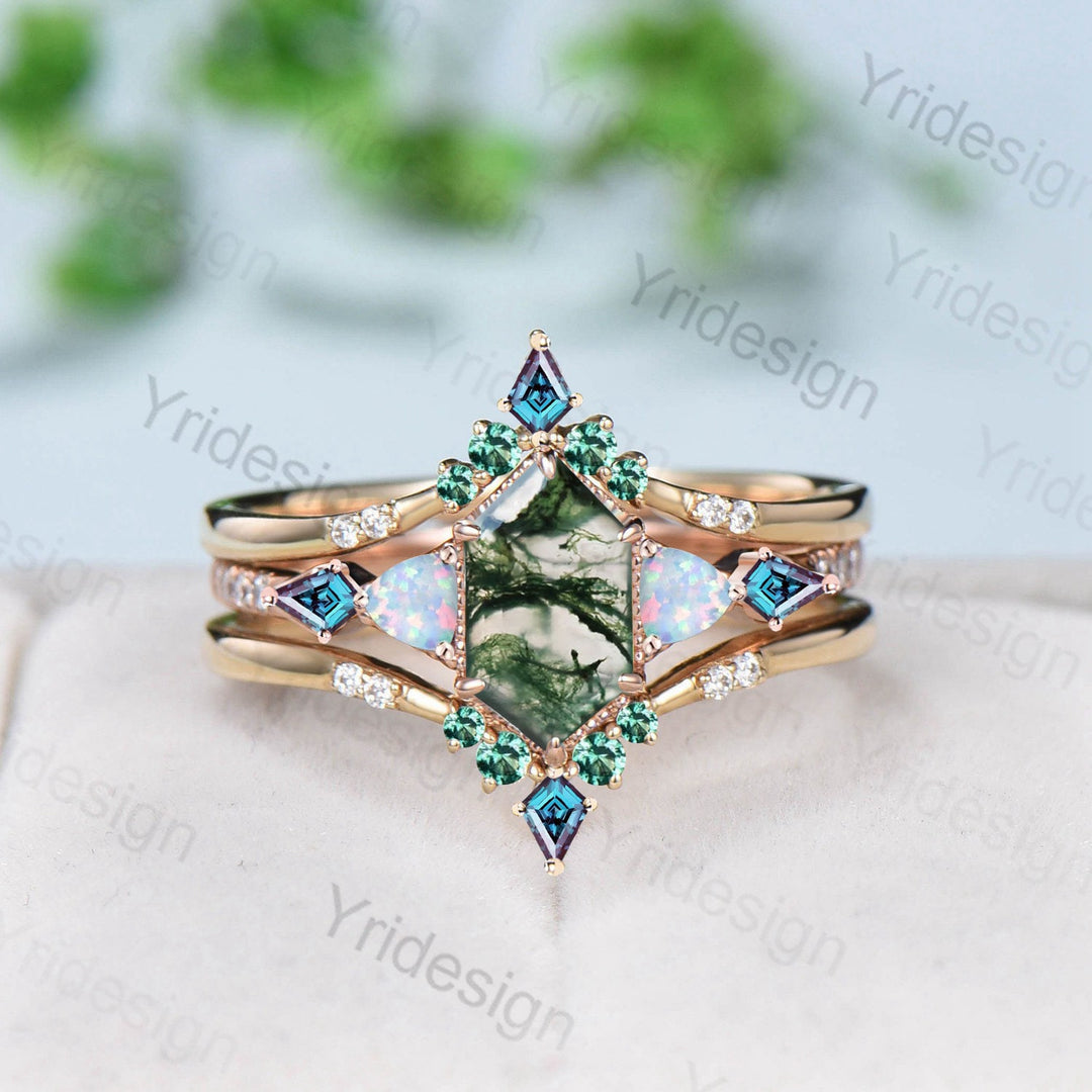 5X9mm long hexagon moss agate engagement ring set vintage triangle fire opal kite alexandrite wedding ring set double curved v emerald band - PENFINE