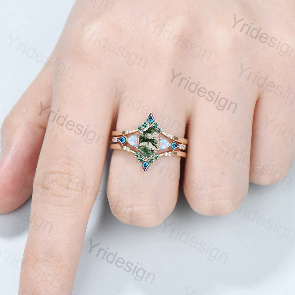 5X9mm long hexagon moss agate engagement ring set vintage triangle fire opal kite alexandrite wedding ring set double curved v emerald band - PENFINE