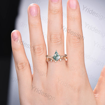 Dainty Kite cut moss agate ring set simple split shank green agate engagement ring set solitaire bridal wedding ring set anniversary gift - PENFINE