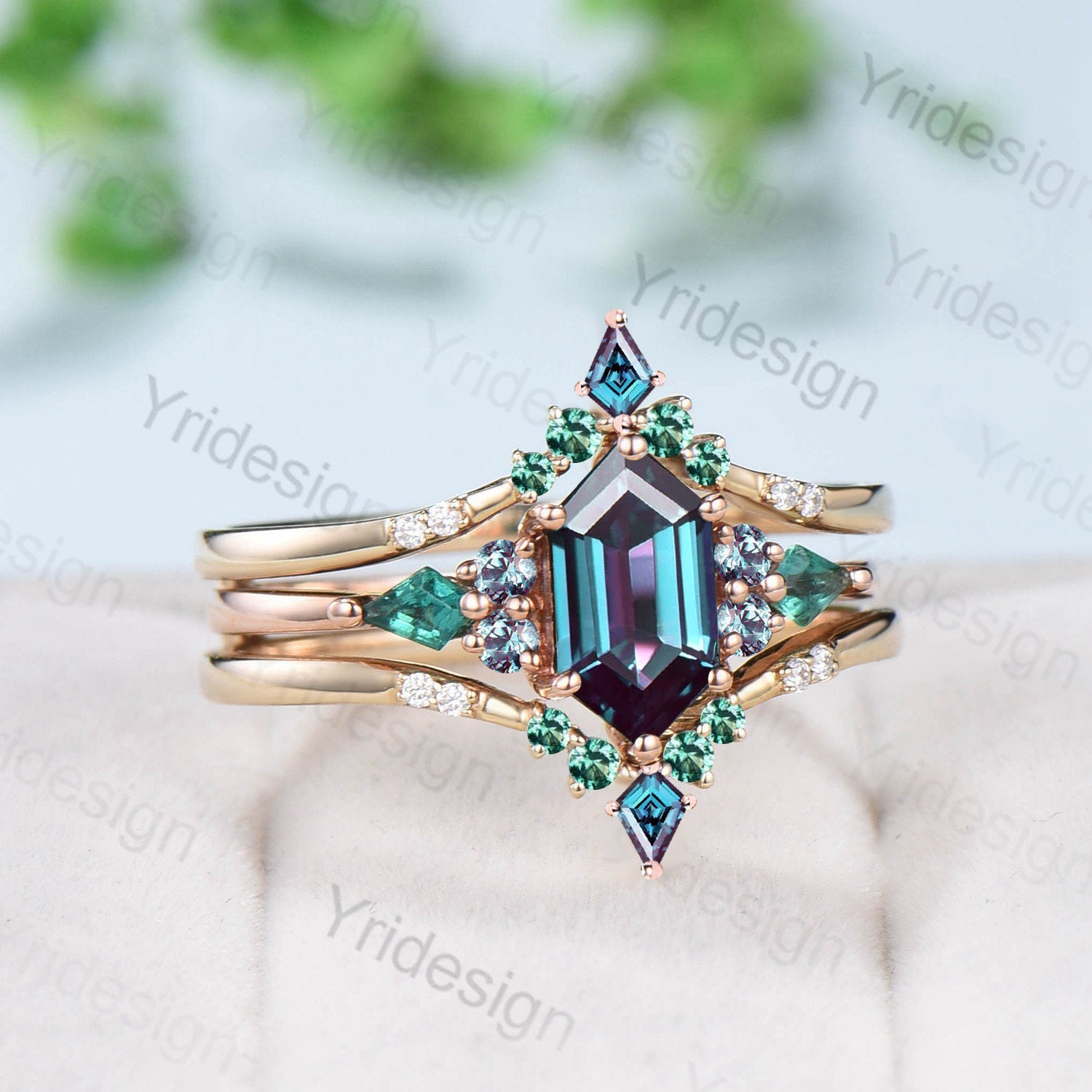 Vintage 5X9mm long hexagon alexandrite engagement ring set   kite alexandrite emerald green stone wedding set double curved v stacking band - PENFINE
