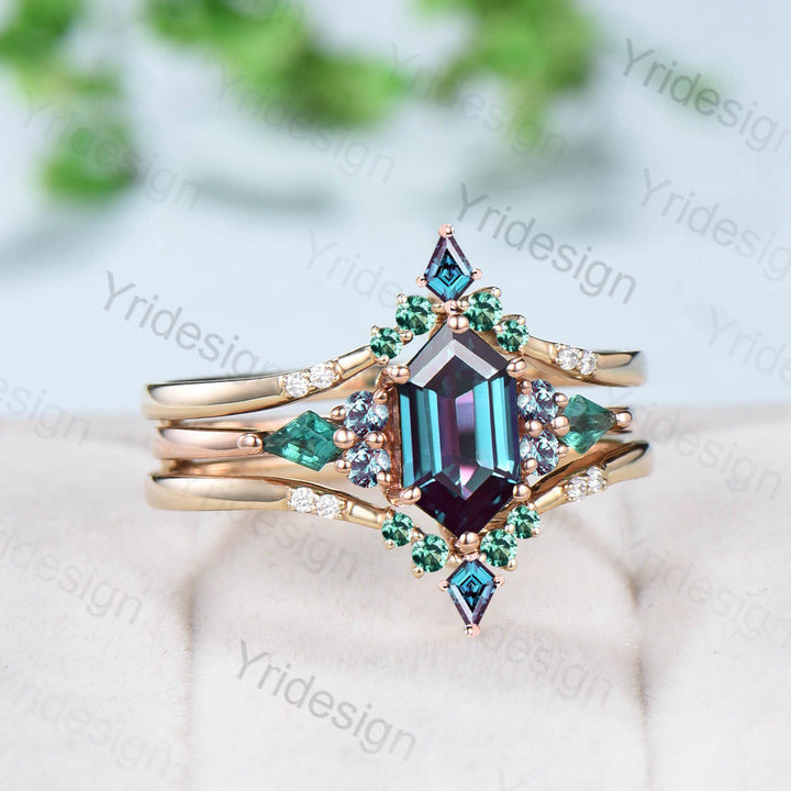 Vintage 5X9mm long hexagon alexandrite engagement ring set   kite alexandrite emerald green stone wedding set double curved v stacking band - PENFINE