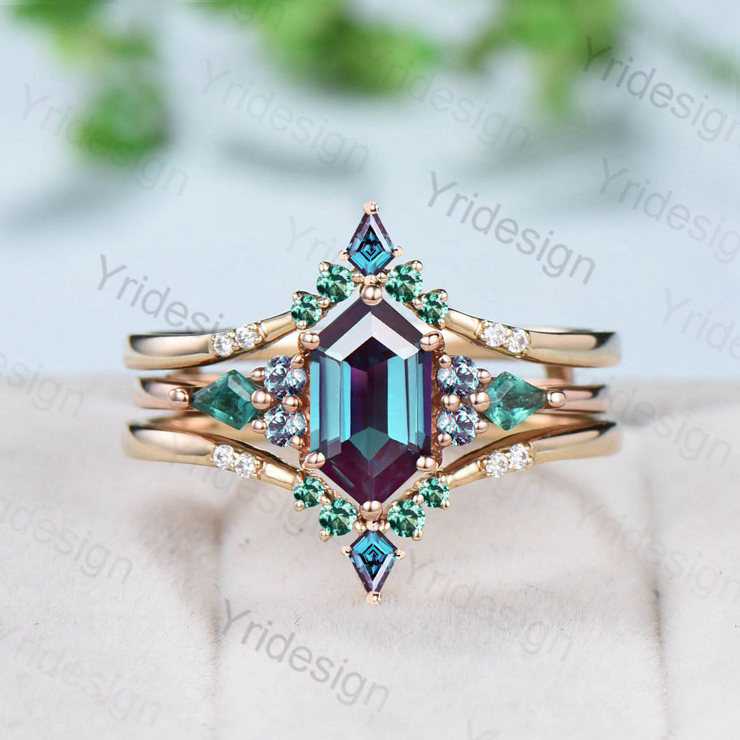 Vintage 5X9mm long hexagon alexandrite engagement ring set   kite alexandrite emerald green stone wedding set double curved v stacking band - PENFINE