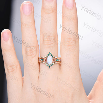vintage 5X9mm long hexagon white opal ring set fire opal emerald engagement ring set kite wedding ring set double curved v stacking ring set - PENFINE