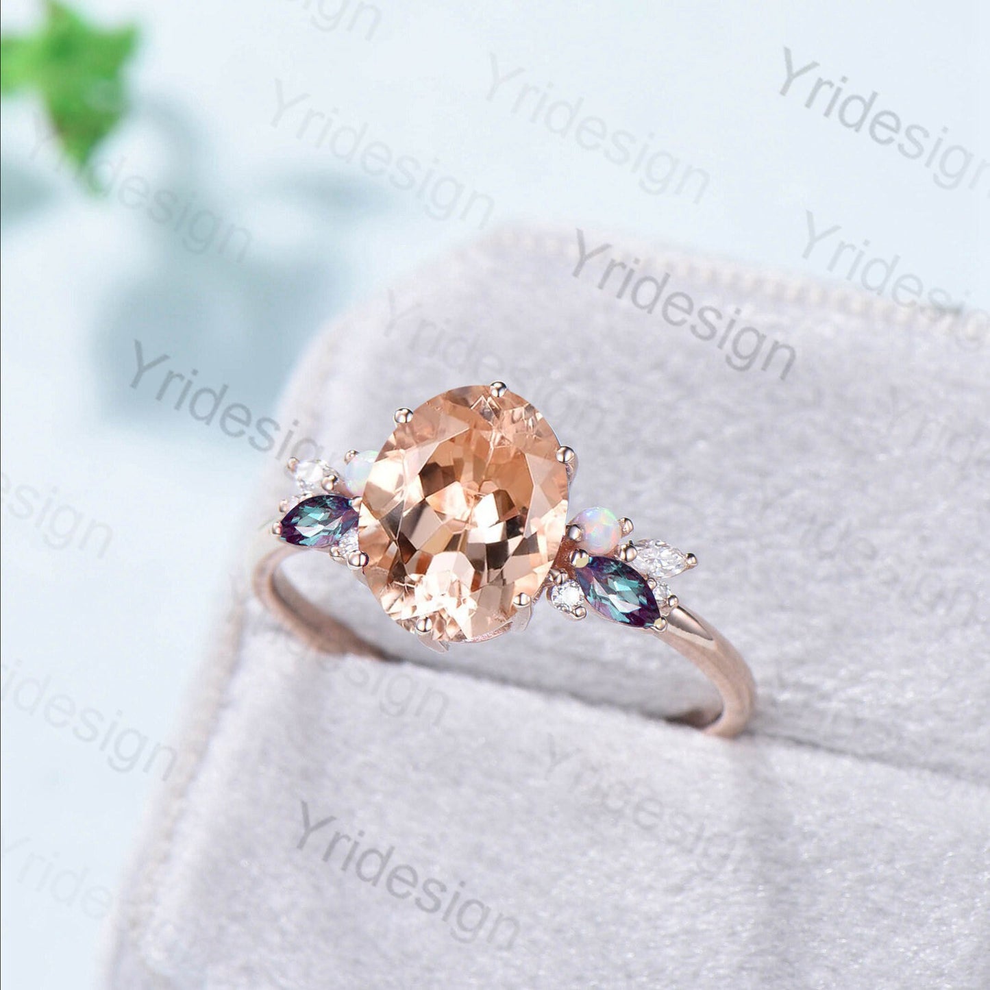 8X10mm Natural Morganite Engagement Ring Vintage Unique Rose Gold Cluster Alexandrite Opal Moissanite Wedding Ring For Women Oval Cut Ring - PENFINE