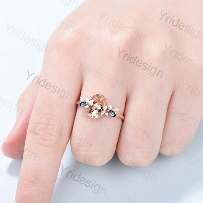 8X10mm Natural Morganite Engagement Ring Vintage Unique Rose Gold Cluster Alexandrite Opal Moissanite Wedding Ring For Women Oval Cut Ring - PENFINE