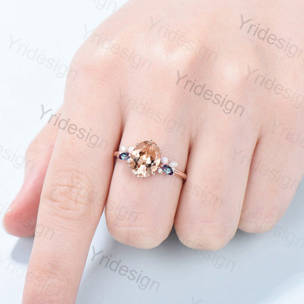 8X10mm Natural Morganite Engagement Ring Vintage Unique Rose Gold Cluster Alexandrite Opal Moissanite Wedding Ring For Women Oval Cut Ring - PENFINE