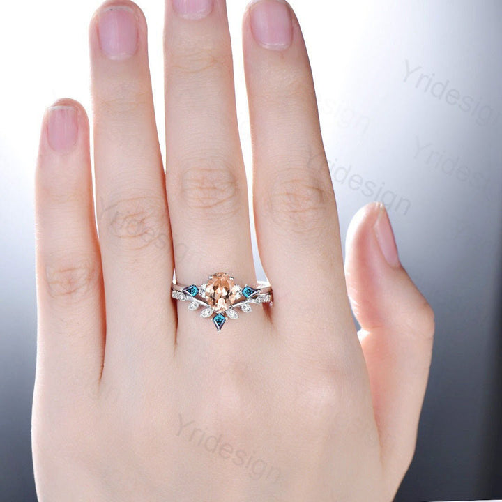 1.5CT Oval Vintage Morganite Engagement Ring Set Cluster Kite Alexandrite Green Agate Milgrain Moissanite Bridal Wedding Ring Set For Women - PENFINE