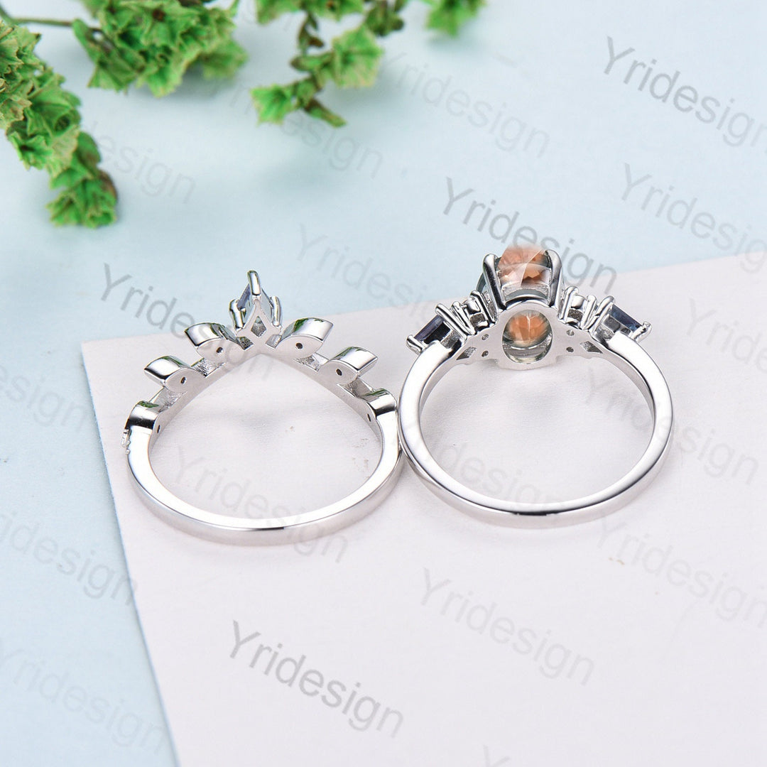 1.5CT Oval Vintage Morganite Engagement Ring Set Cluster Kite Alexandrite Green Agate Milgrain Moissanite Bridal Wedding Ring Set For Women - PENFINE