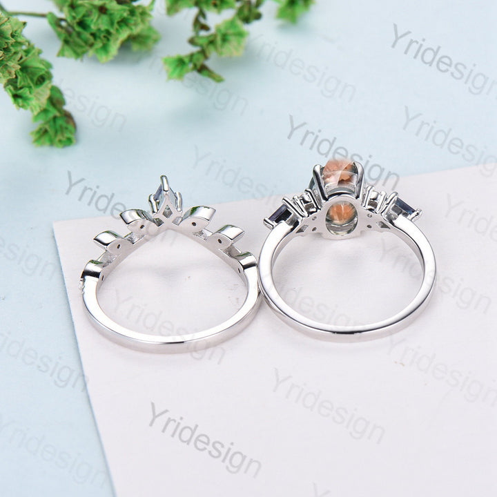 1.5CT Oval Vintage Morganite Engagement Ring Set Cluster Kite Alexandrite Green Agate Milgrain Moissanite Bridal Wedding Ring Set For Women - PENFINE