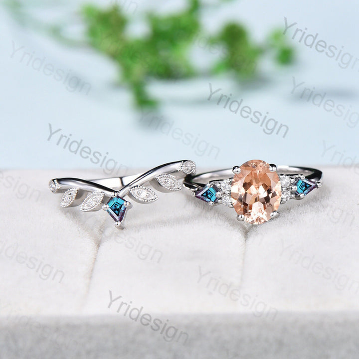 1.5CT Oval Vintage Morganite Engagement Ring Set Cluster Kite Alexandrite Green Agate Milgrain Moissanite Bridal Wedding Ring Set For Women - PENFINE