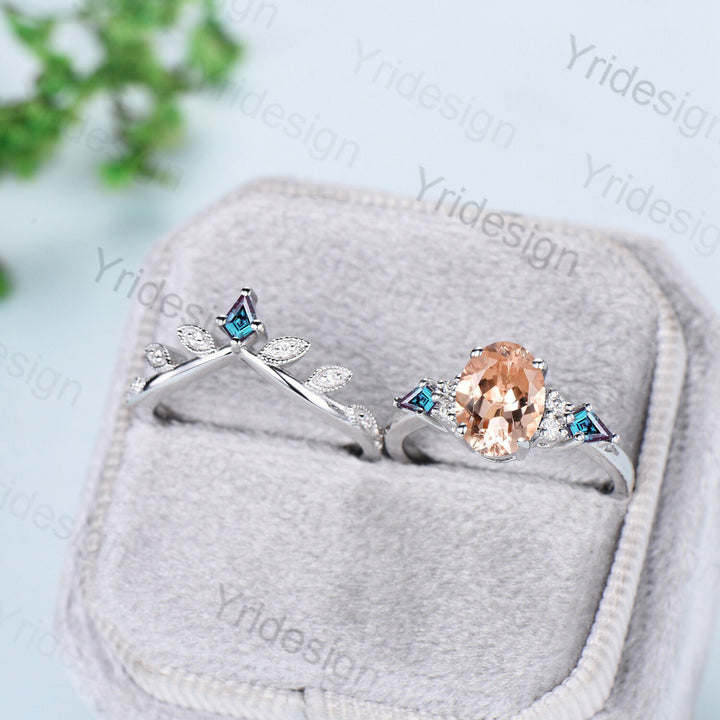 1.5CT Oval Vintage Morganite Engagement Ring Set Cluster Kite Alexandrite Green Agate Milgrain Moissanite Bridal Wedding Ring Set For Women - PENFINE