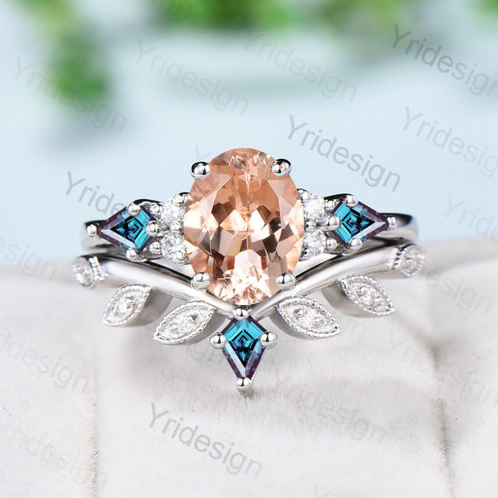 1.5CT Oval Vintage Morganite Engagement Ring Set Cluster Kite Alexandrite Green Agate Milgrain Moissanite Bridal Wedding Ring Set For Women - PENFINE