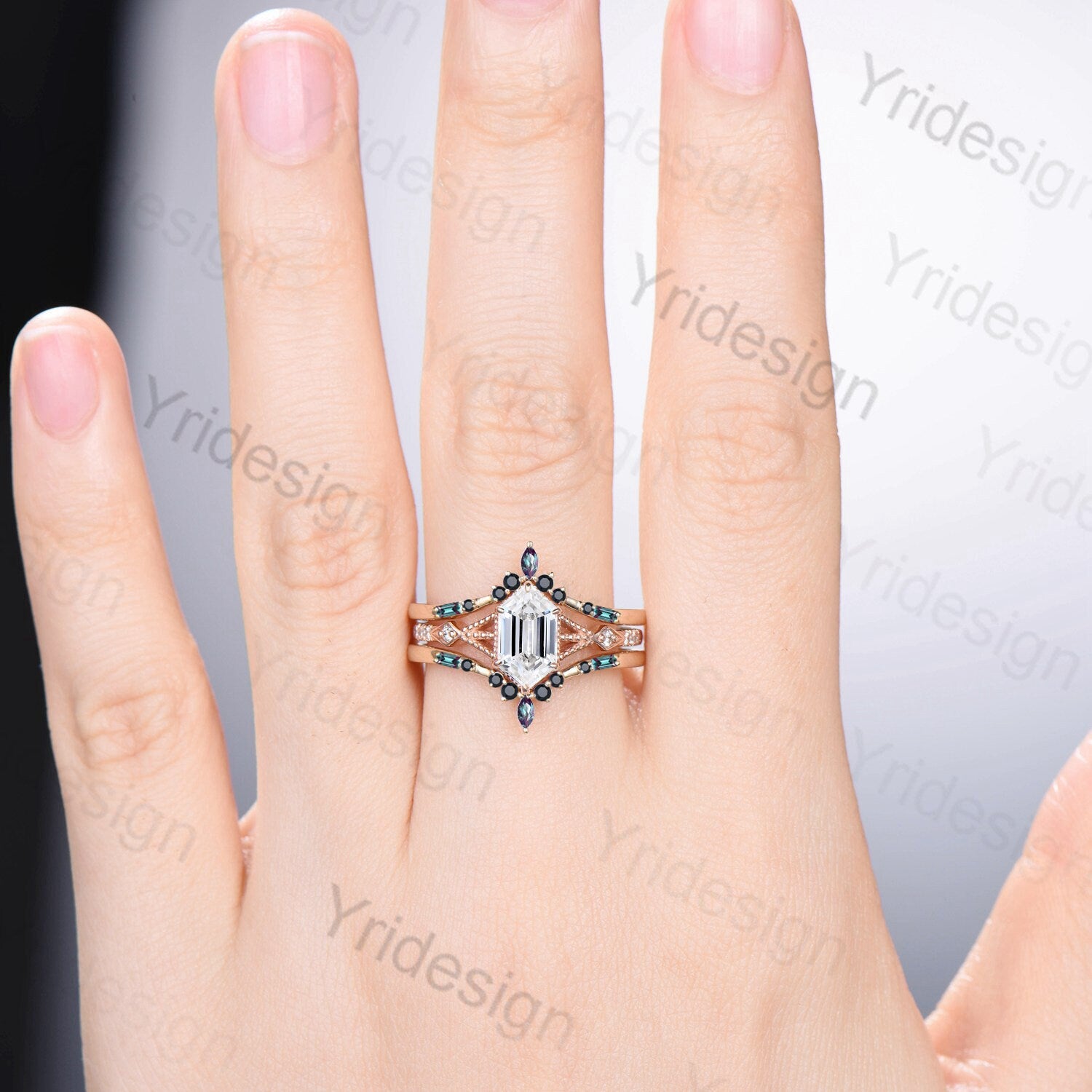 Vintage 5X9mm long hexagon moissanite engagement ring set unique alexandrite wedding ring set double curved v stacking black spinel band - PENFINE