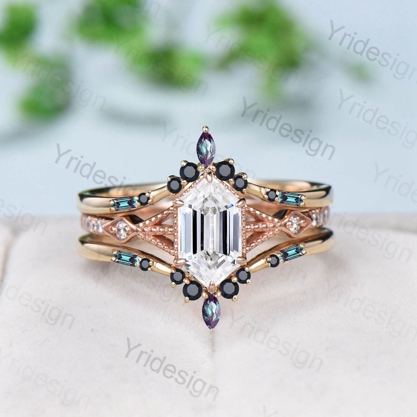 Vintage 5X9mm long hexagon moissanite engagement ring set unique alexandrite wedding ring set double curved v stacking black spinel band - PENFINE